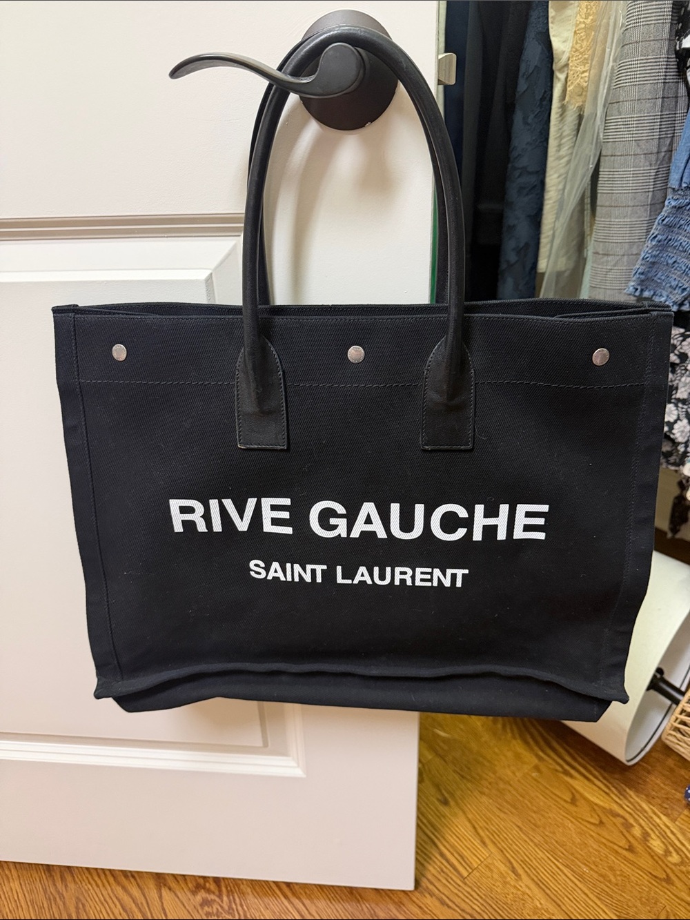 Saint Laurent Black Canvas Rive Gauche Logo Tote